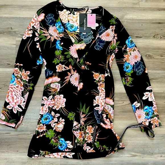 PRETTY LITTLE THING Black Floral Long Sleeve Wrap Dress